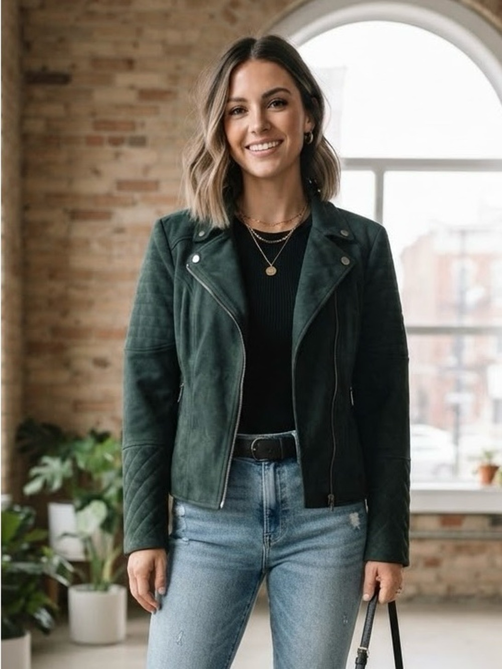 Kut From The Kloth Forest Green Faux Suede Moto Jacket Quilted Biker Edgy Chic L